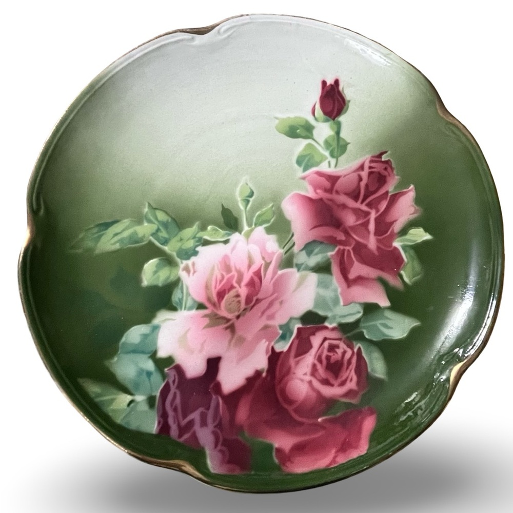 Antique K & G Luneville France Green and Red Rose Decorative Plate 11”